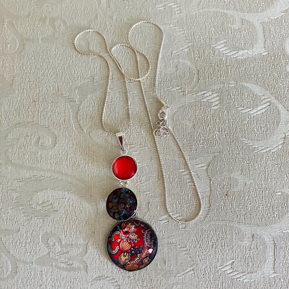 Handmade Glass Cabochon Pendant Necklace w/Snake Chain Orange - Picture 15 of 16